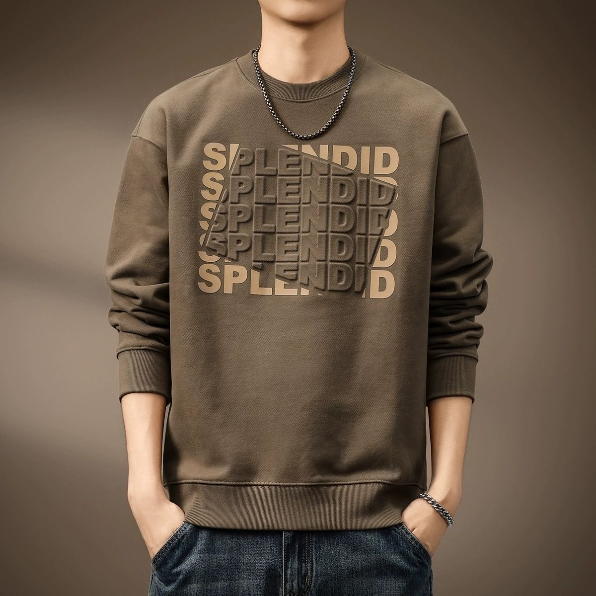 潮牌美式重磅字母鋼印寬鬆大碼打底圓領長袖T