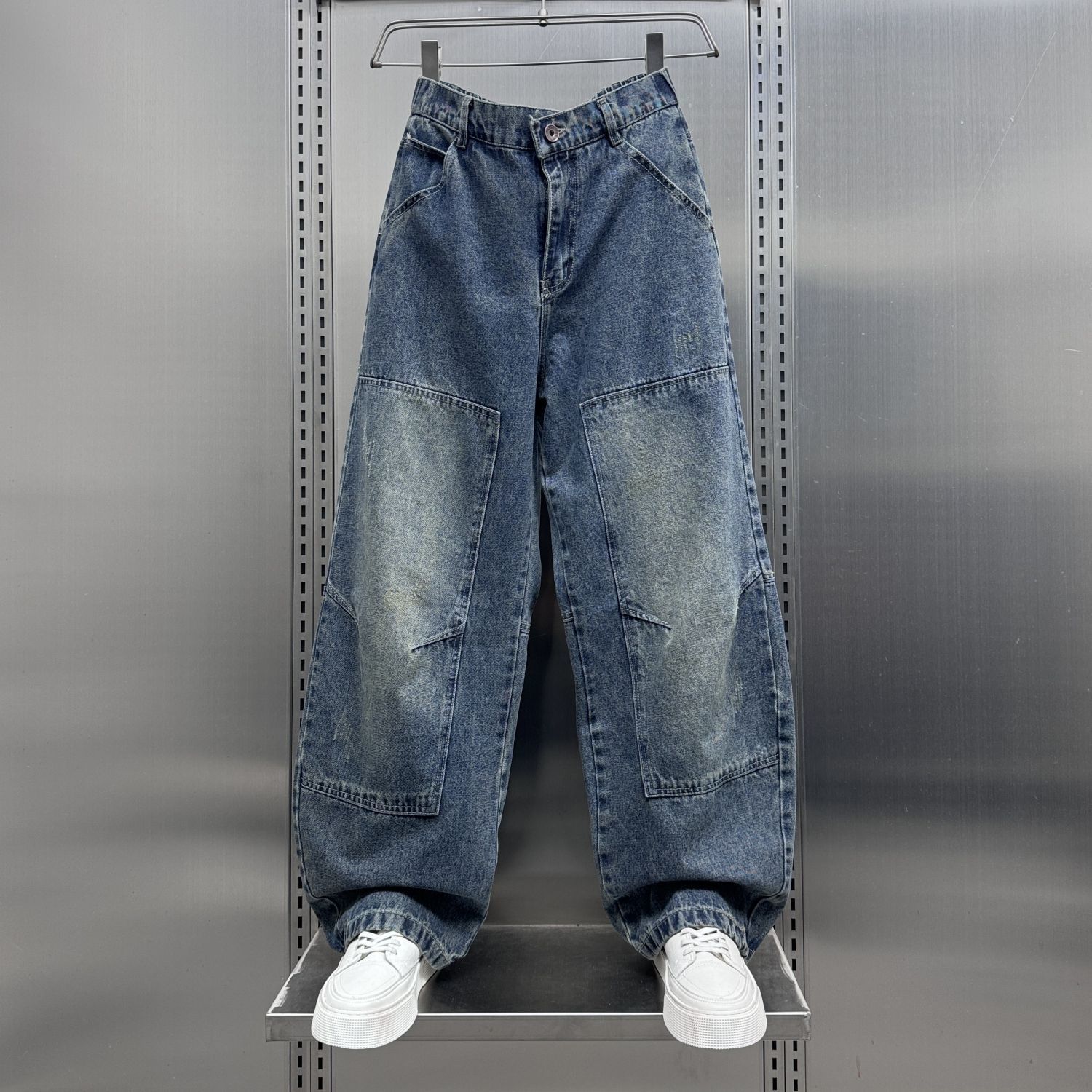 潮牌美式拼接工裝寬鬆高街痞帥直筒闊腿牛仔褲