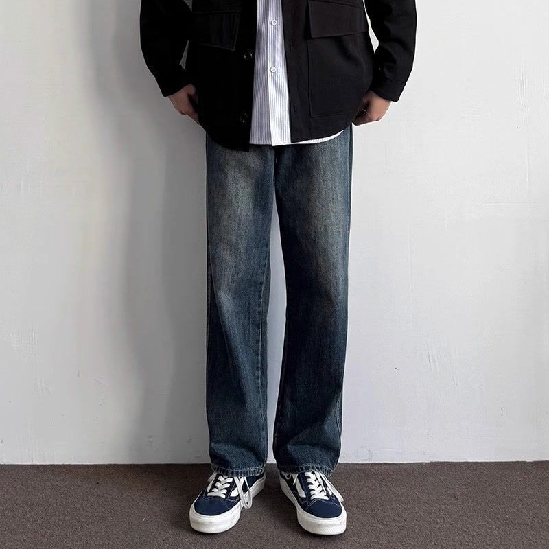 復古水洗做舊直筒牛仔潮牌褲裝