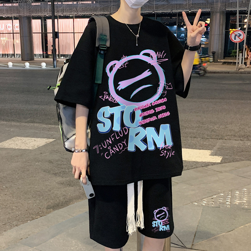 【整套】華夫格運動卡通印花高級感痞帥寬鬆痞帥套裝