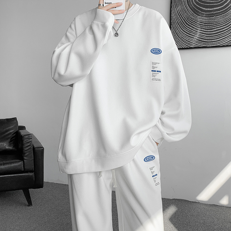 【套裝】華夫格運動長袖衛衣+炸街潮牌直筒褲裝兩件套套裝