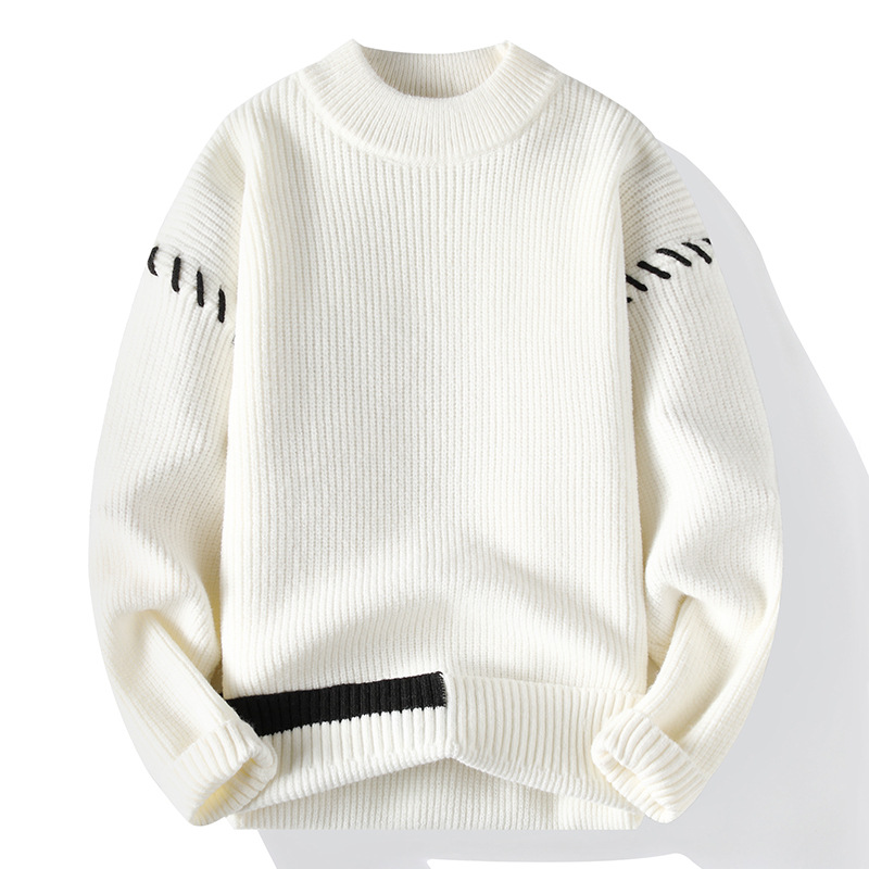 半高領潮流休閒套頭撞色針織衫