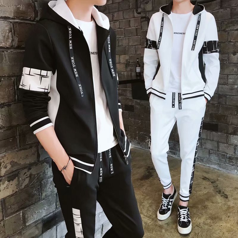 【套裝】連帽帥氣韓版長袖開衫/衛衣+運動潮撞色褲裝兩件套套裝