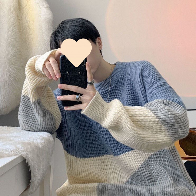 潮流韓版ins圓領撞色長袖針織衫