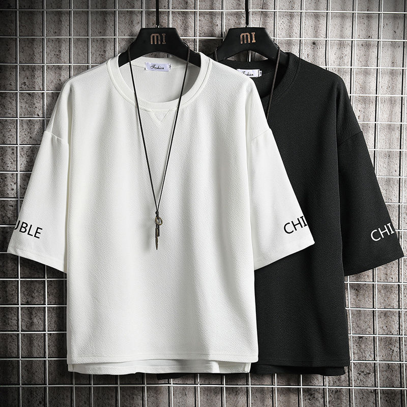 春夏季簡約七分袖男T恤寬鬆半截袖ins潮牌加肥加大碼短袖體恤上衣