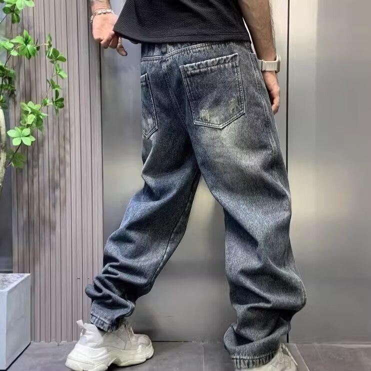 美式復古漸變闊腿大碼破洞直筒休閒牛仔褲