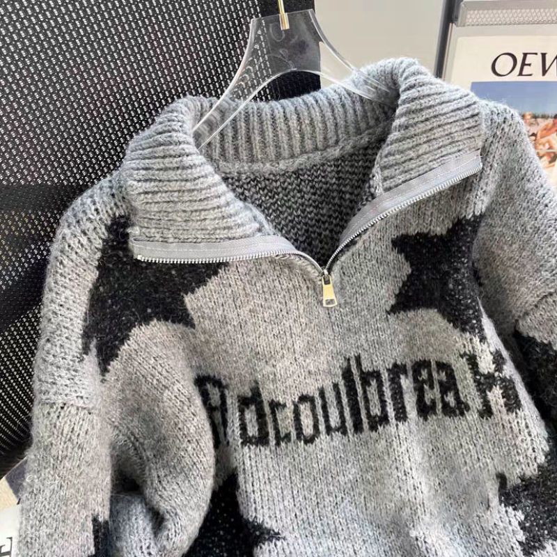 大碼星星提花美式復古寬鬆半拉鏈立領毛衣