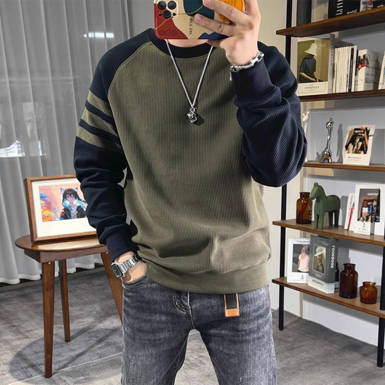 美式休閒豎條拼接撞色圓領套頭長袖T恤