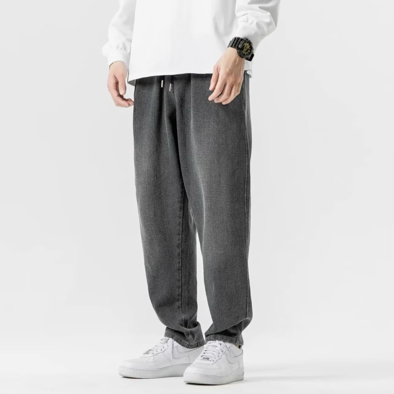 潮流復古抽牛仔繩簡約直筒褲裝