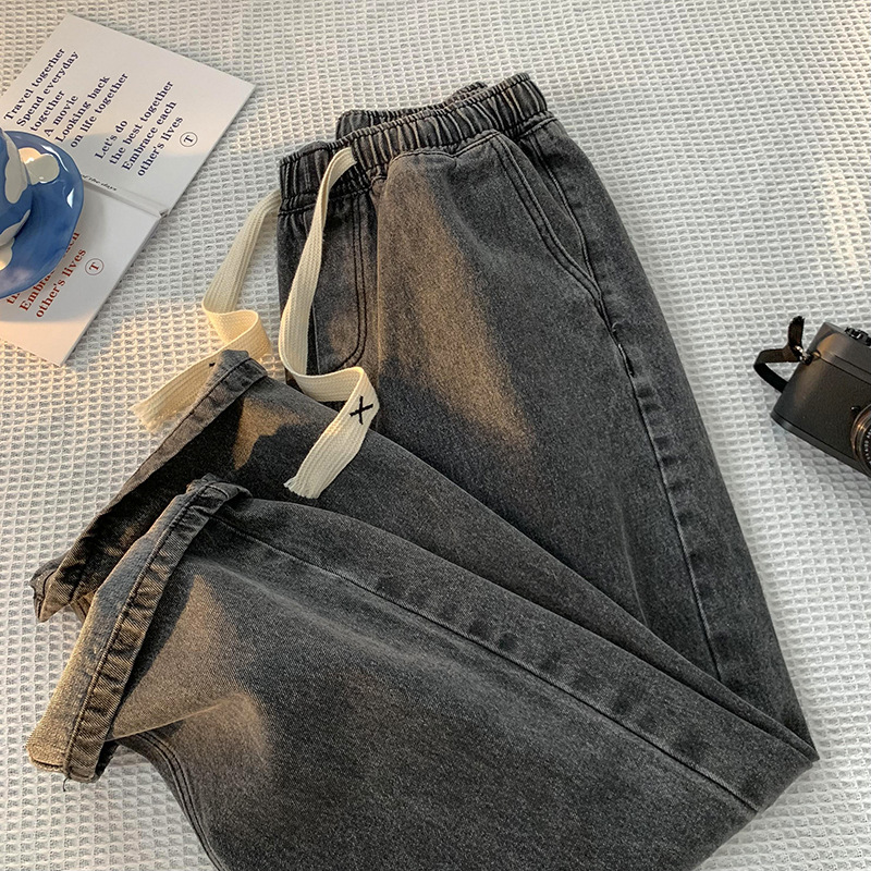 復古休閒vintage抽繩直筒水洗牛仔褲裝