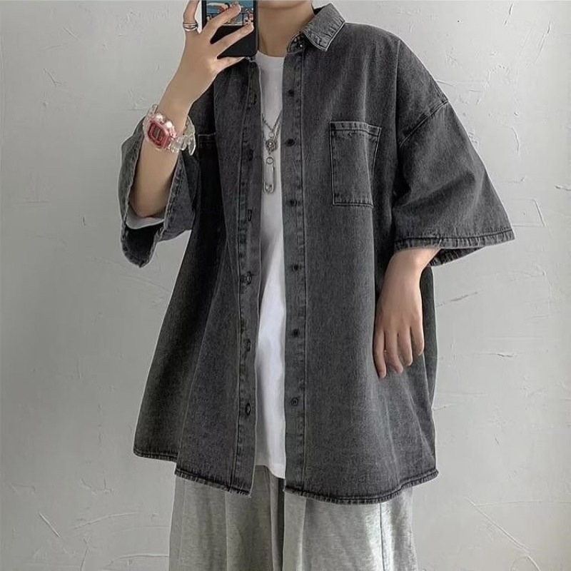 夏季短袖牛仔襯衫男ins潮牌港風日系小眾設計感休閒寬鬆半袖外套