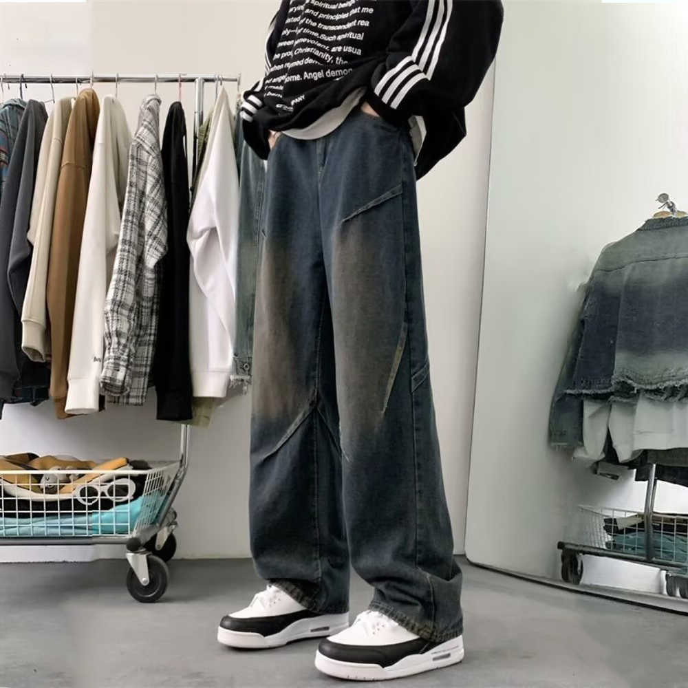 美式復古潮流闊腿褲直筒系帶牛仔褲褲裝