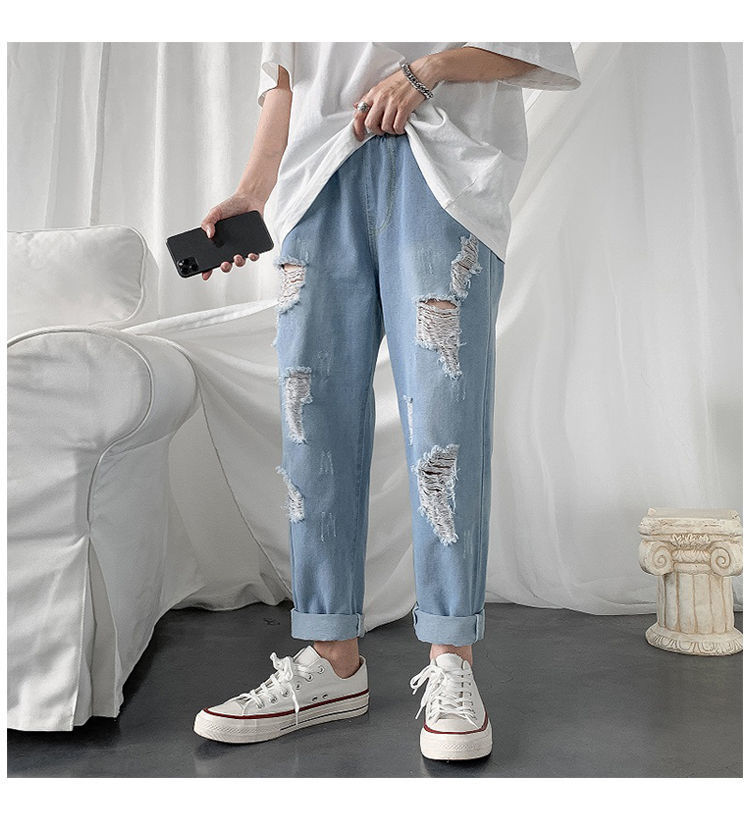 大碼薄款潮流九分褲直筒寬鬆破洞牛仔褲