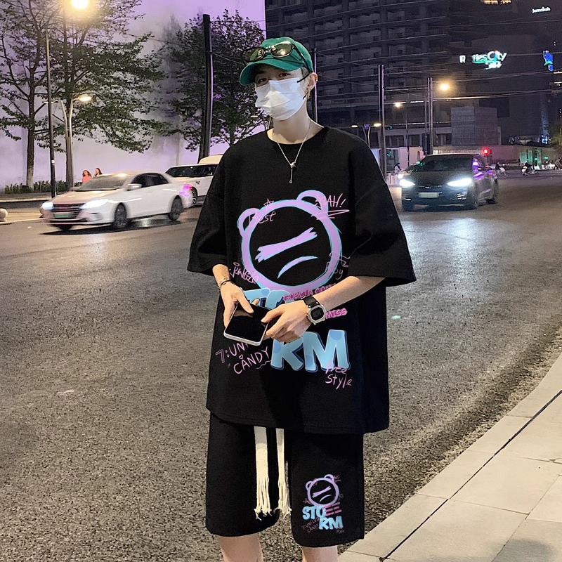 【整套】華夫格運動卡通印花高級感痞帥寬鬆痞帥套裝