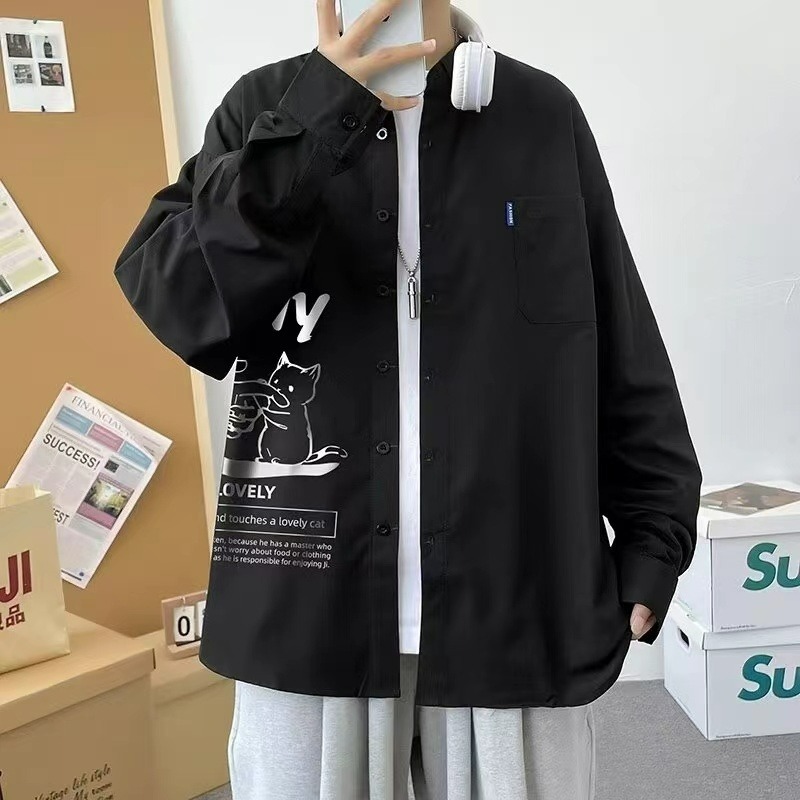 春秋款港風長袖潮流寬鬆休閒字母印花襯衫外套