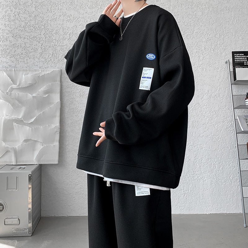 【套裝】華夫格運動長袖衛衣+炸街潮牌直筒褲裝兩件套套裝