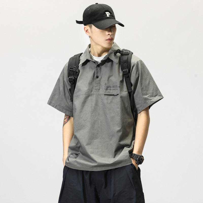 日系工裝polo領襯衫男夏季純棉美式復古短袖t恤潮牌翻領半袖襯衣