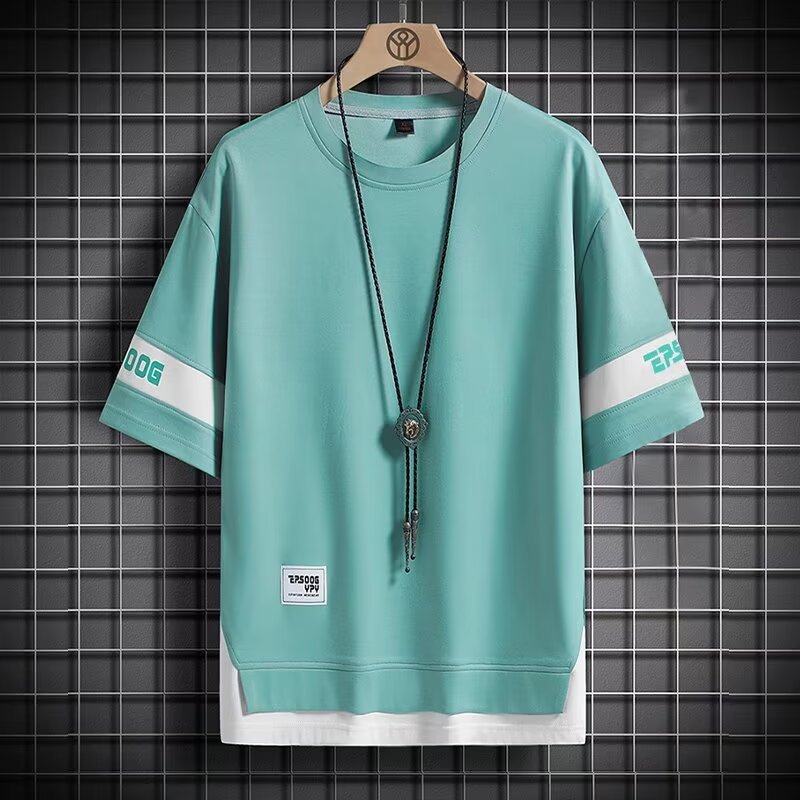 假兩件拼接上衣新款t恤男ins潮牌歐美嘻哈風圓領夏季衣服短袖