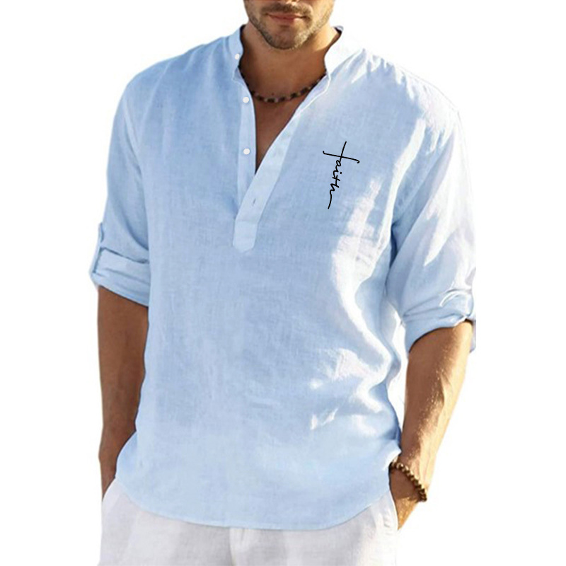 男士大碼長袖半開領上衣寬鬆棉麻襯衫男裝襯衫