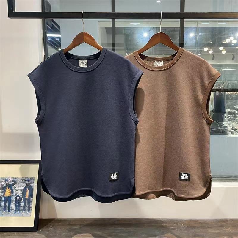 夏季新款背心男透氣寬鬆無袖T恤寬肩上衣美式重磅純色圓領坎肩潮