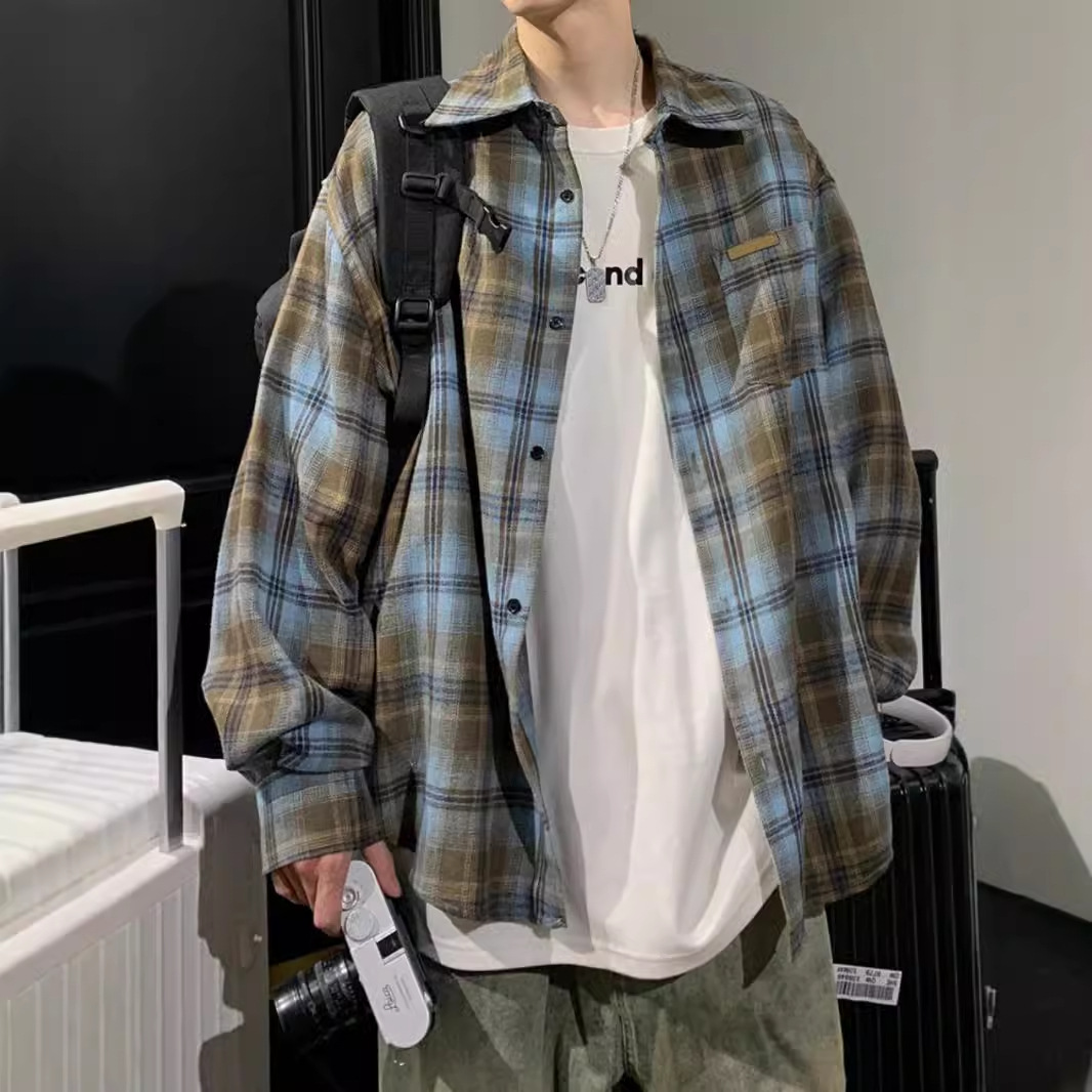 美式復古撞色格子潮牌百搭長袖襯衫