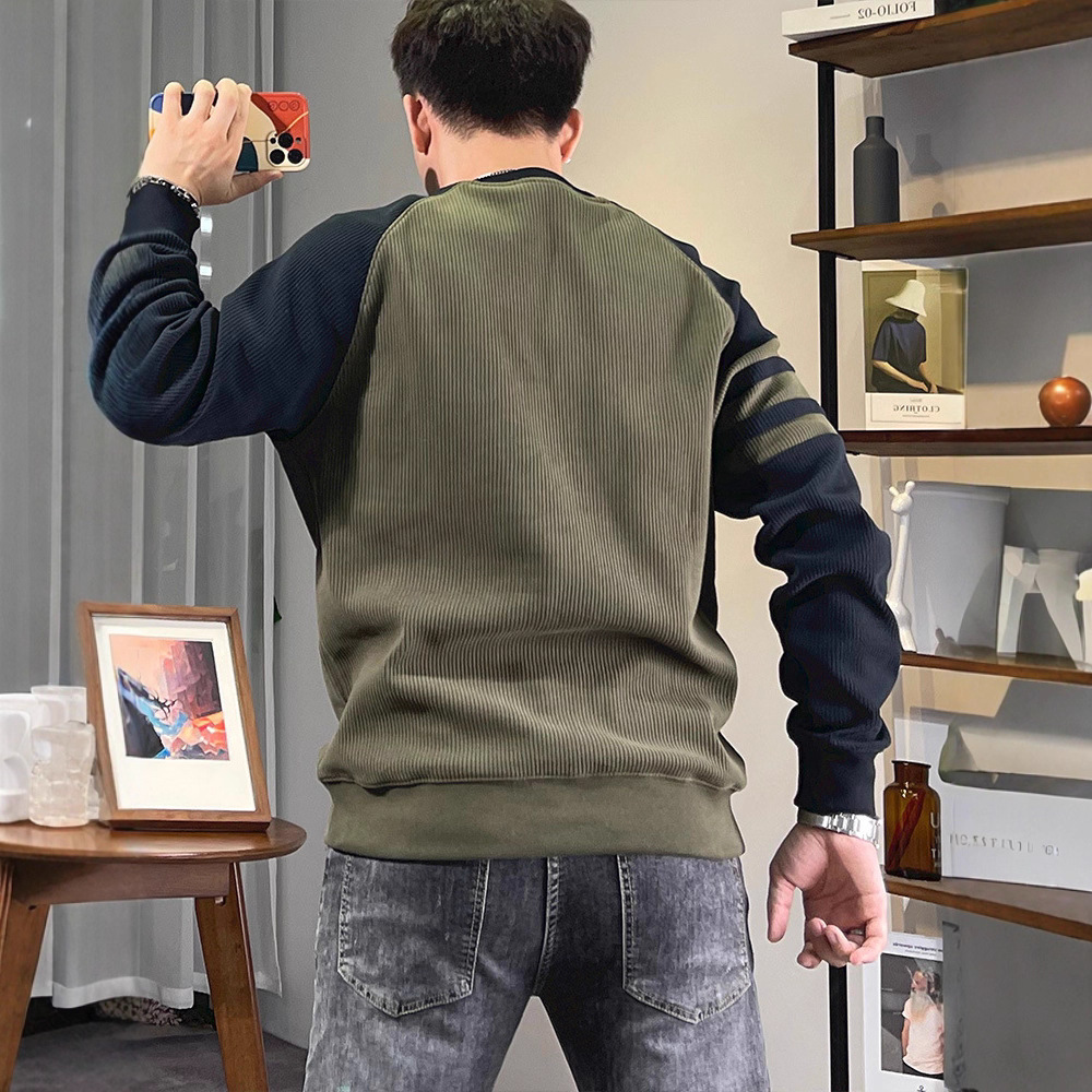 美式休閒豎條拼接撞色圓領套頭長袖T恤