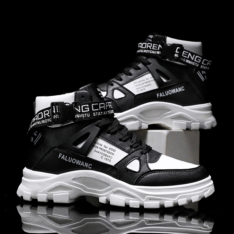 潮流百搭圓頭高幫馬丁靴印花拼接鞋靴