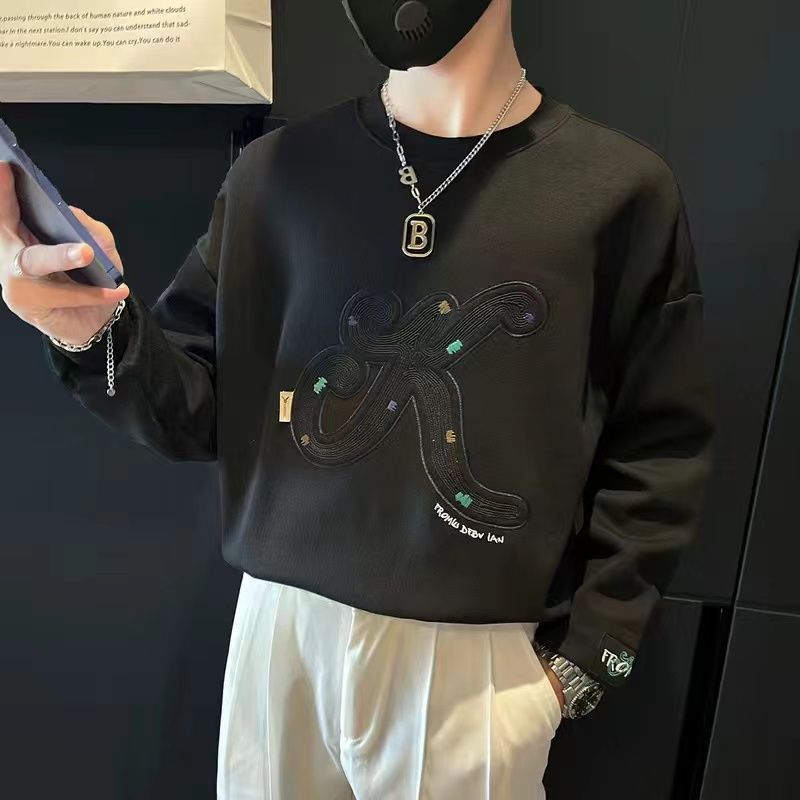 高級感潮流百搭圓領印花套頭長袖t恤