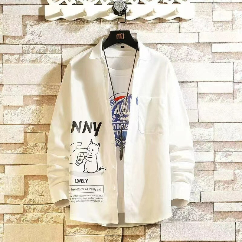 春秋款港風長袖潮流寬鬆休閒字母印花襯衫外套