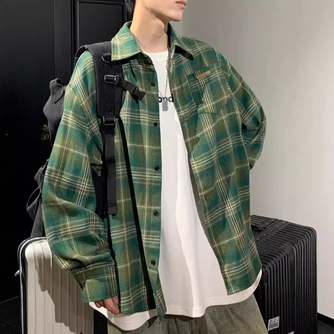 美式復古撞色格子潮牌百搭長袖襯衫