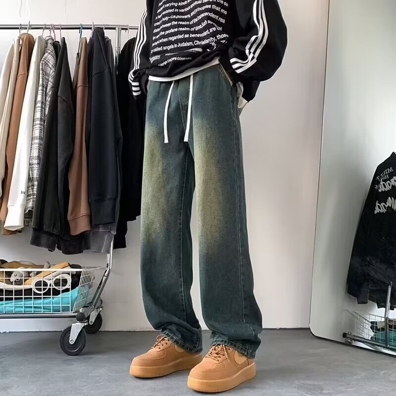 美式復古潮流闊腿褲直筒系帶牛仔褲褲裝