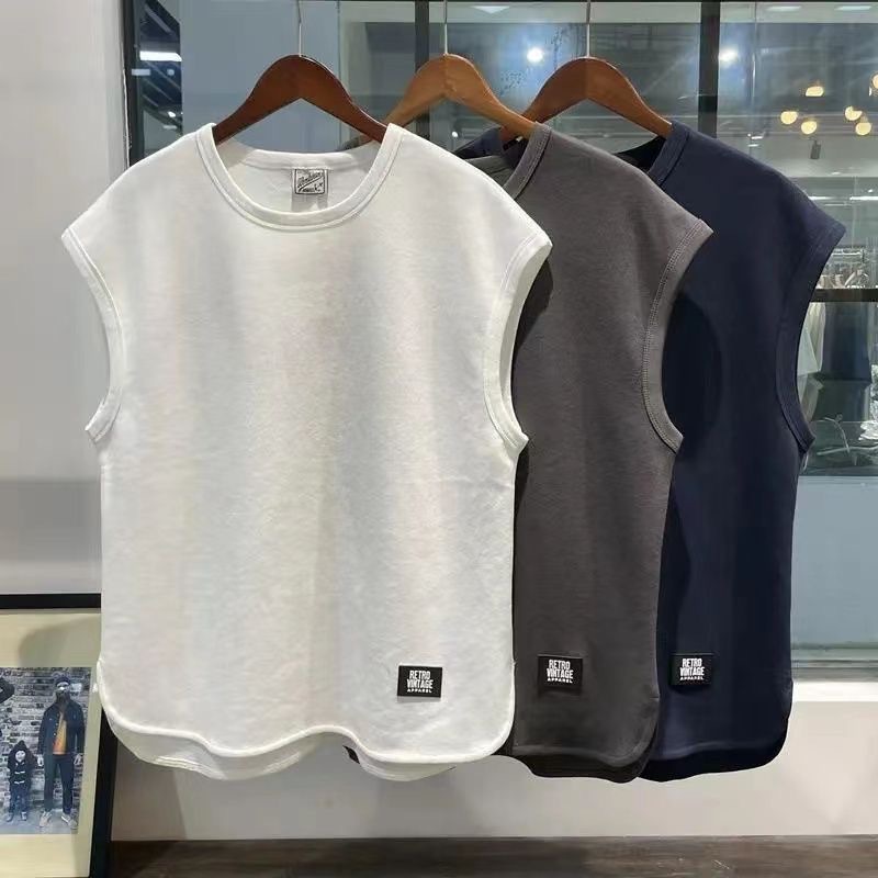 夏季新款背心男透氣寬鬆無袖T恤寬肩上衣美式重磅純色圓領坎肩潮