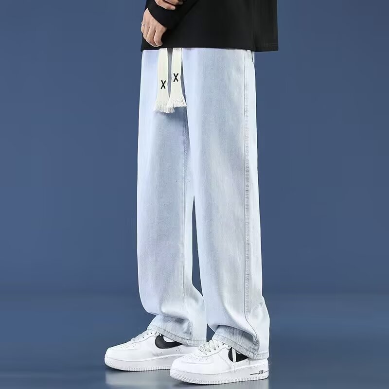 美式復古潮流闊腿褲直筒系帶牛仔褲褲裝