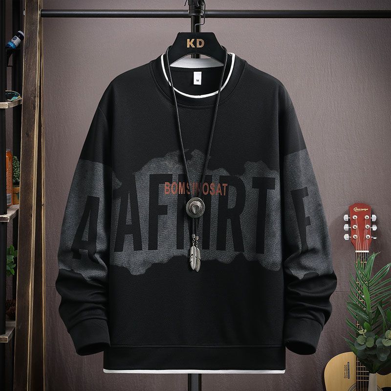 春秋季時尚潮流圓領印花寬鬆打底長袖T恤