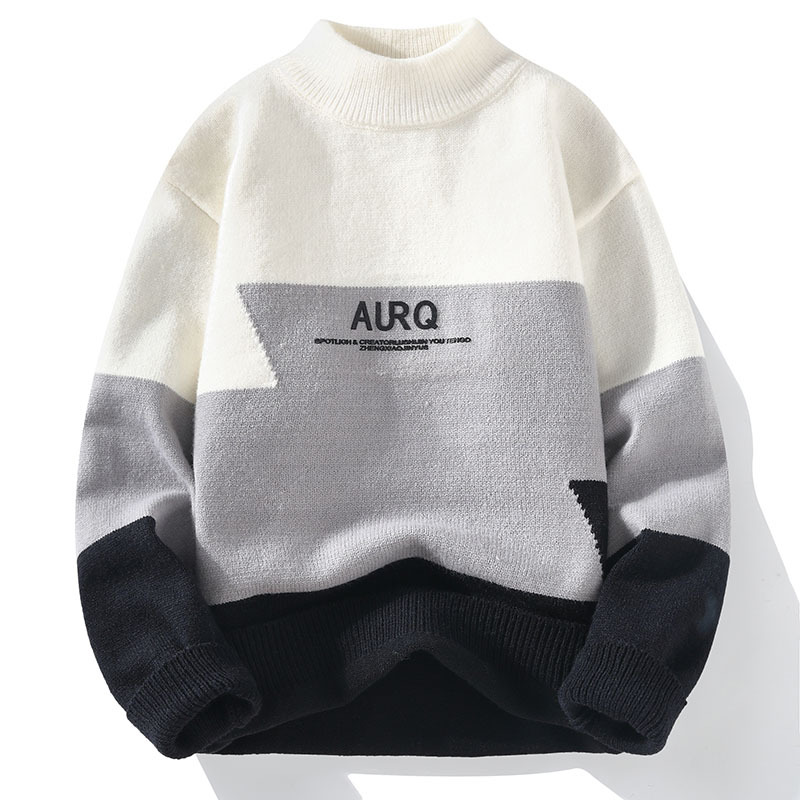 圓領字母撞色加絨加厚水貂絨長袖針織衫