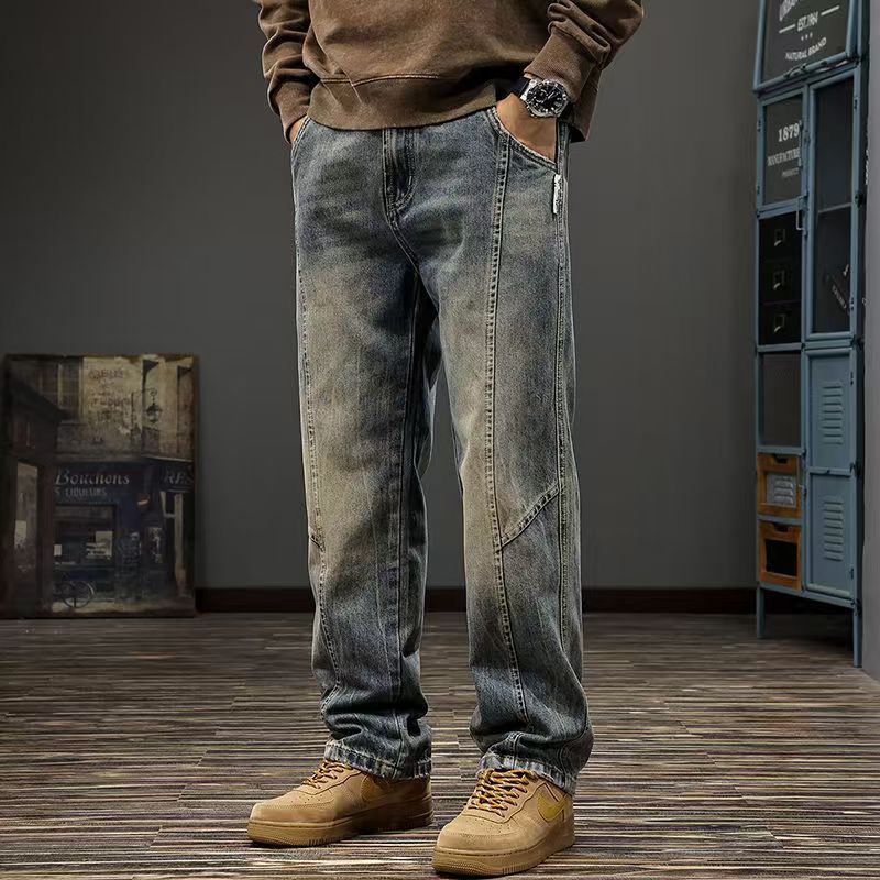 美式復古設計感寬鬆垂感闊腿拼接牛仔褲