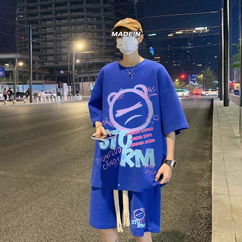 【整套】華夫格運動卡通印花高級感痞帥寬鬆痞帥套裝