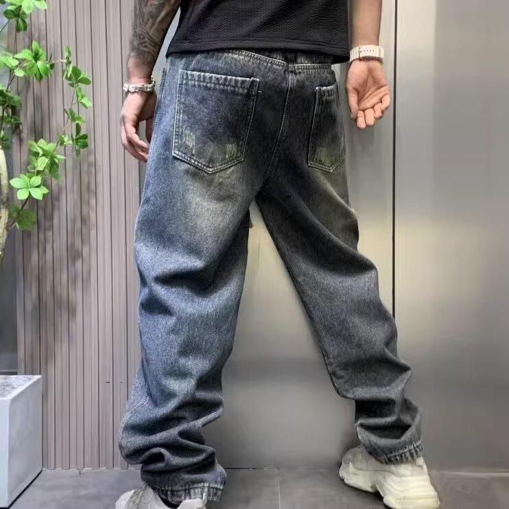 美式復古漸變闊腿大碼破洞直筒休閒牛仔褲