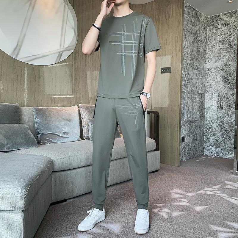 夏季新款休閒男寬鬆大碼冰絲薄款一套潮帥氣速乾透氣運動套裝