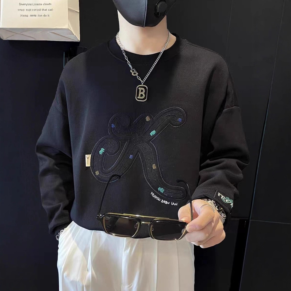 高級感潮流百搭圓領印花套頭長袖t恤