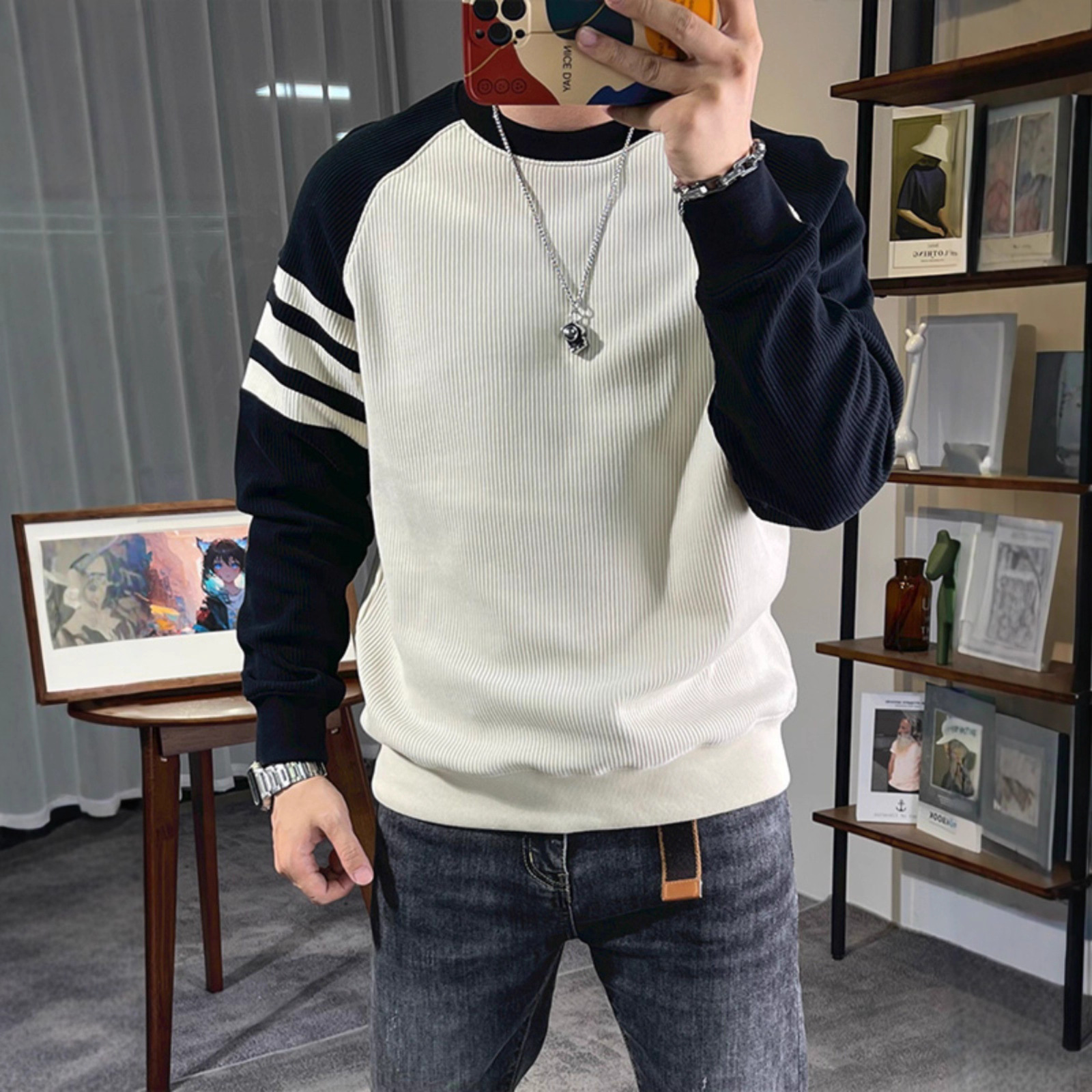 美式休閒豎條拼接撞色圓領套頭長袖T恤