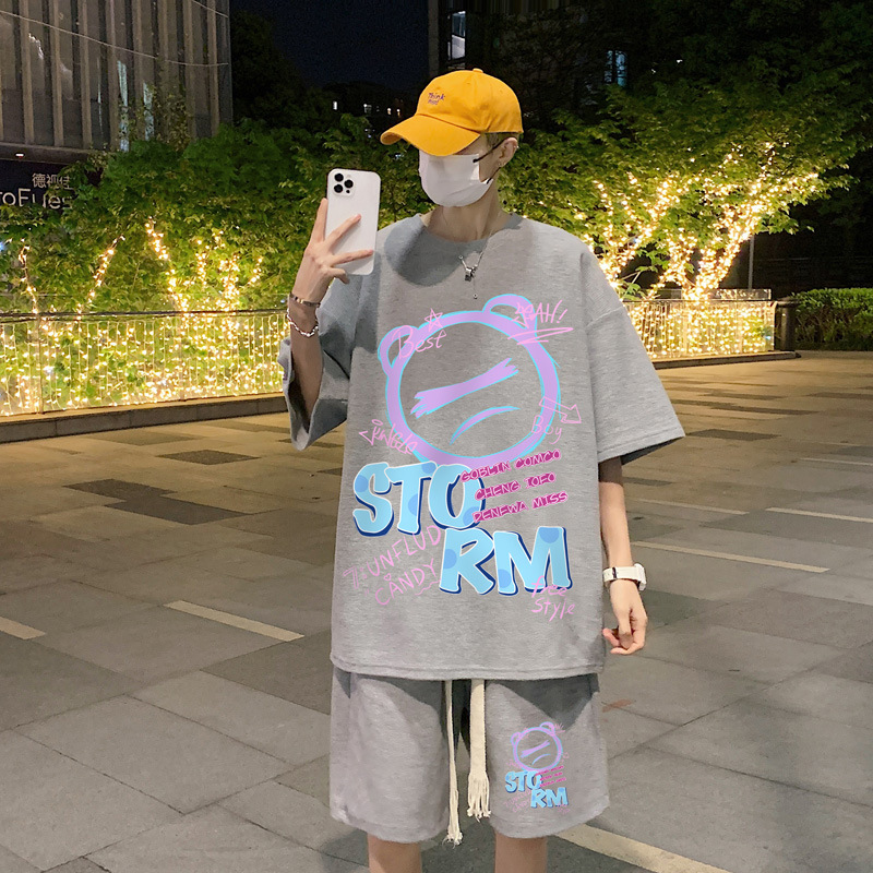 【整套】華夫格運動卡通印花高級感痞帥寬鬆痞帥套裝