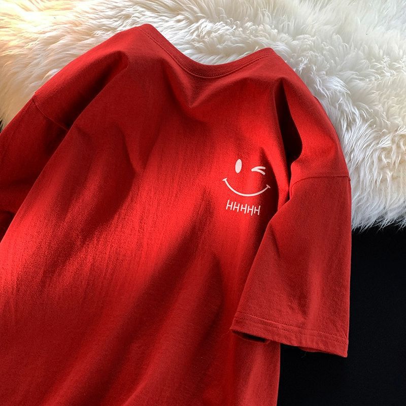 夏季純棉笑臉半袖衣服t恤男款潮牌新款男士寬鬆白色印花短袖