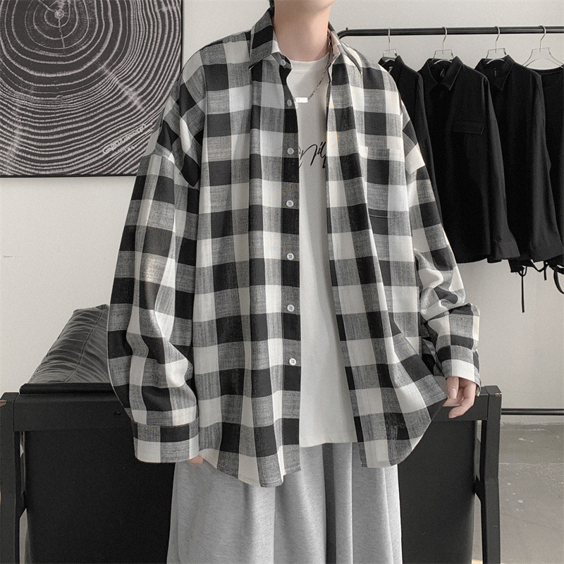 格子ins港風痞帥韓版設計長袖襯衫