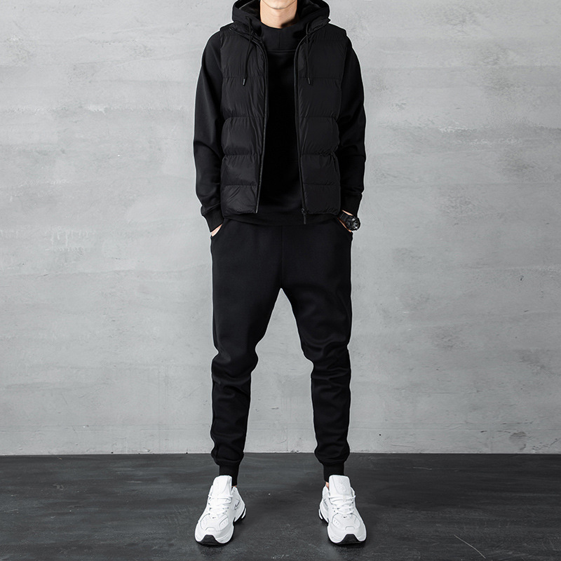 【套裝】連帽加絨加厚衛衣+韓版無袖馬甲+系帶運動褲裝三件套套裝