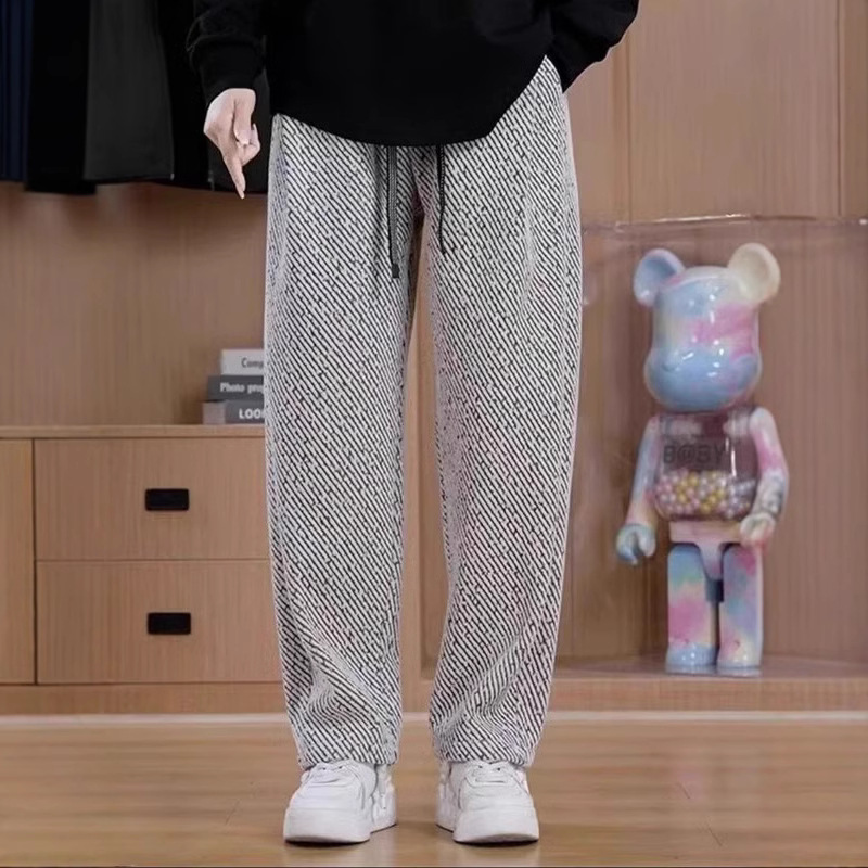 加厚時尚百搭斜條紋銀絲寬鬆休閒闊腿褲