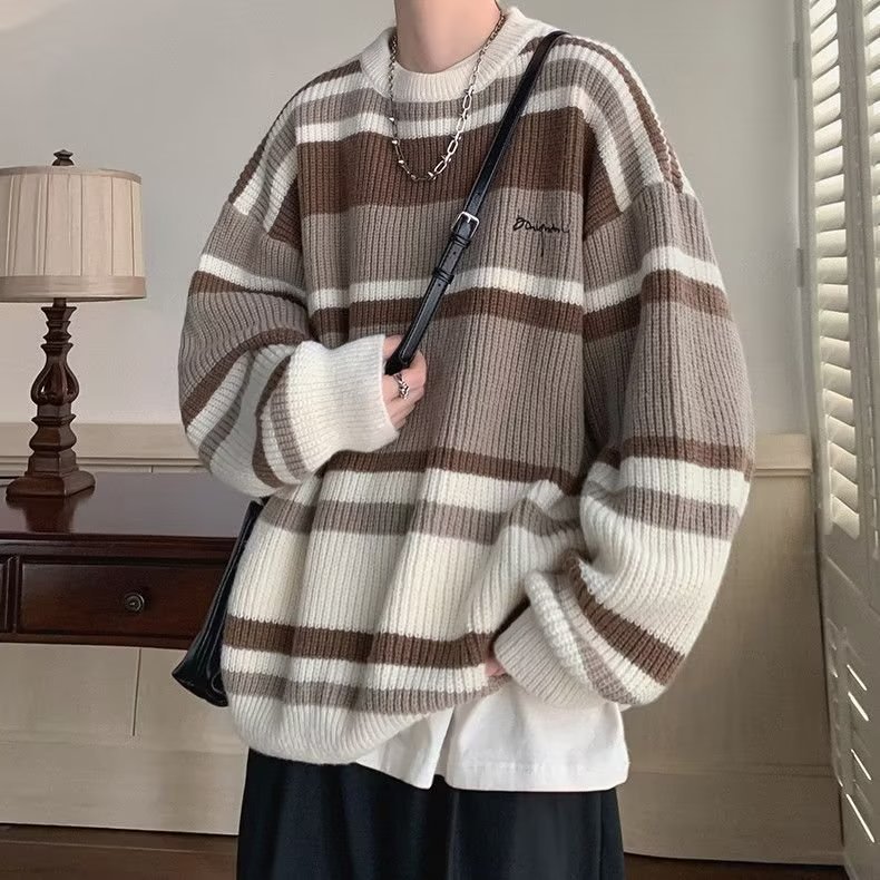 日系復古條紋撞色潮牌寬鬆針織衫