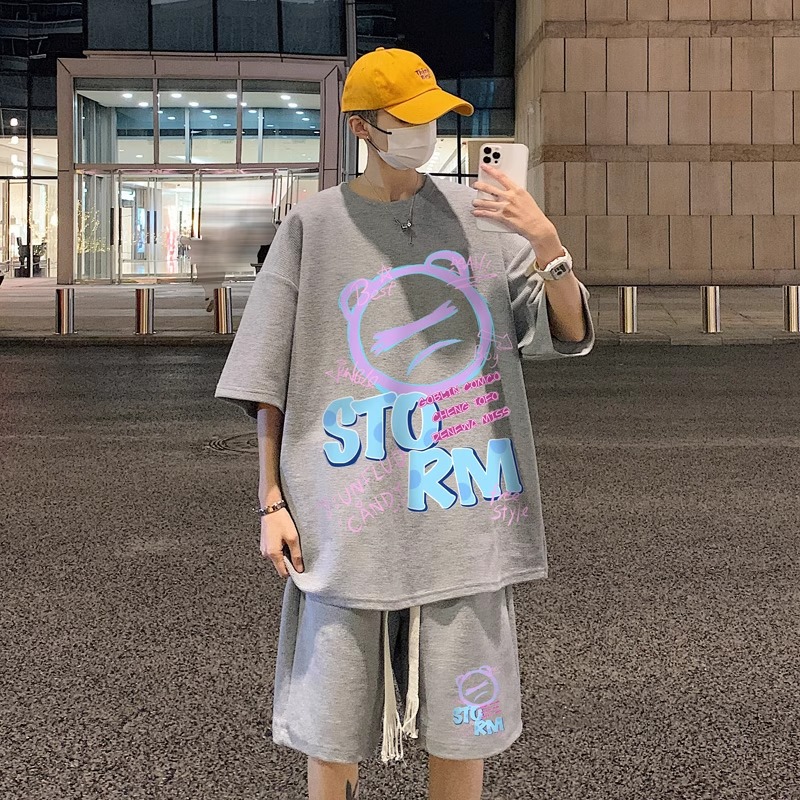 【整套】華夫格運動卡通印花高級感痞帥寬鬆痞帥套裝