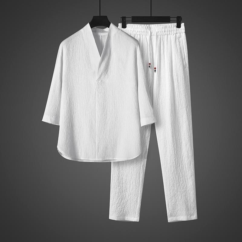 套裝冰絲垂感中國風男裝薄款t恤男士短袖夏季寬鬆大碼唐裝兩件套