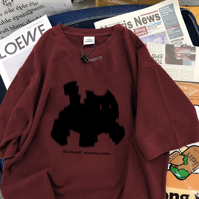 復古潮流高街小黑貓印花五分袖T恤